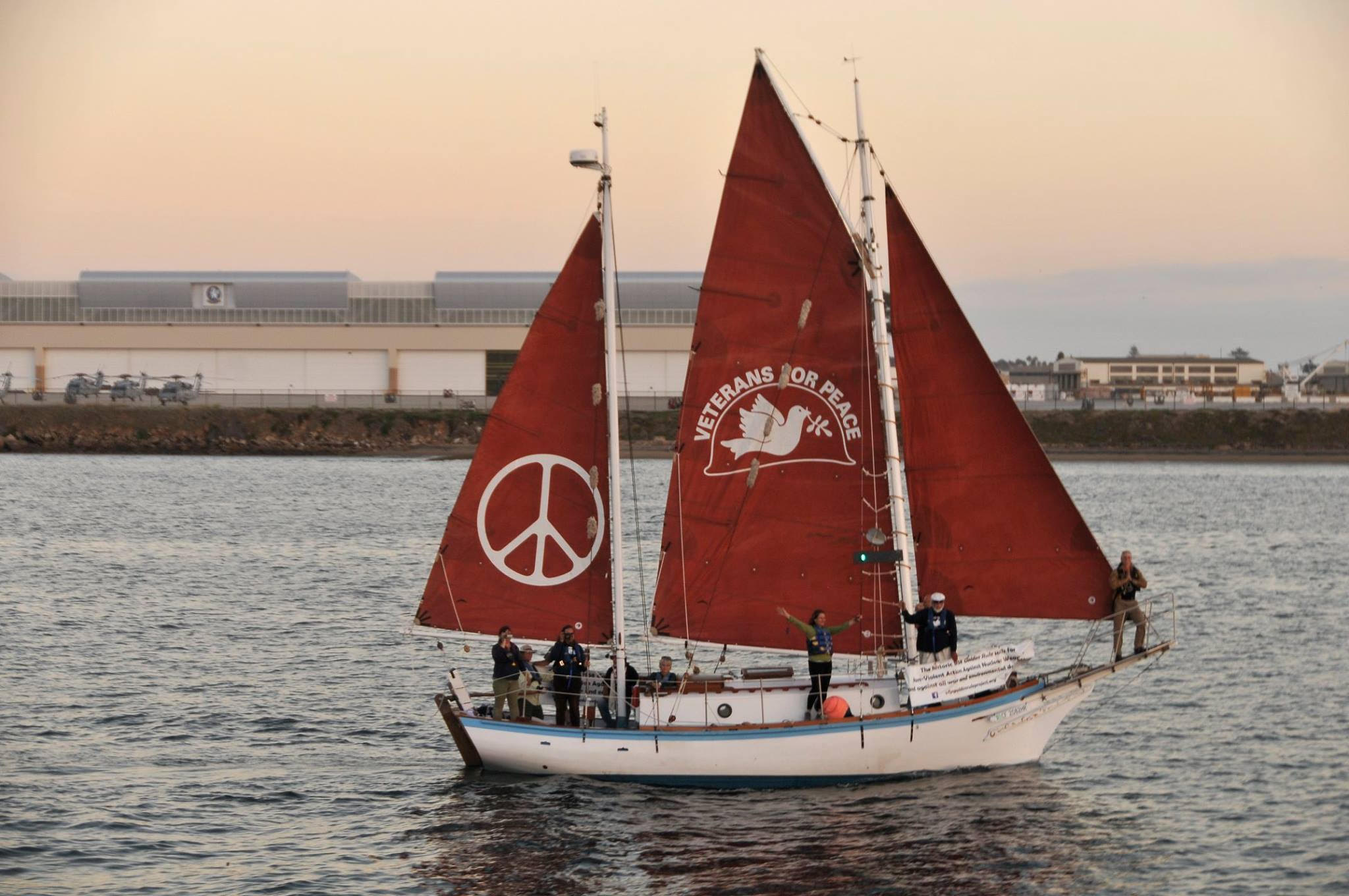 picture of the peace boat "Golden Rule," with the Veterans for Peace logo on its sails