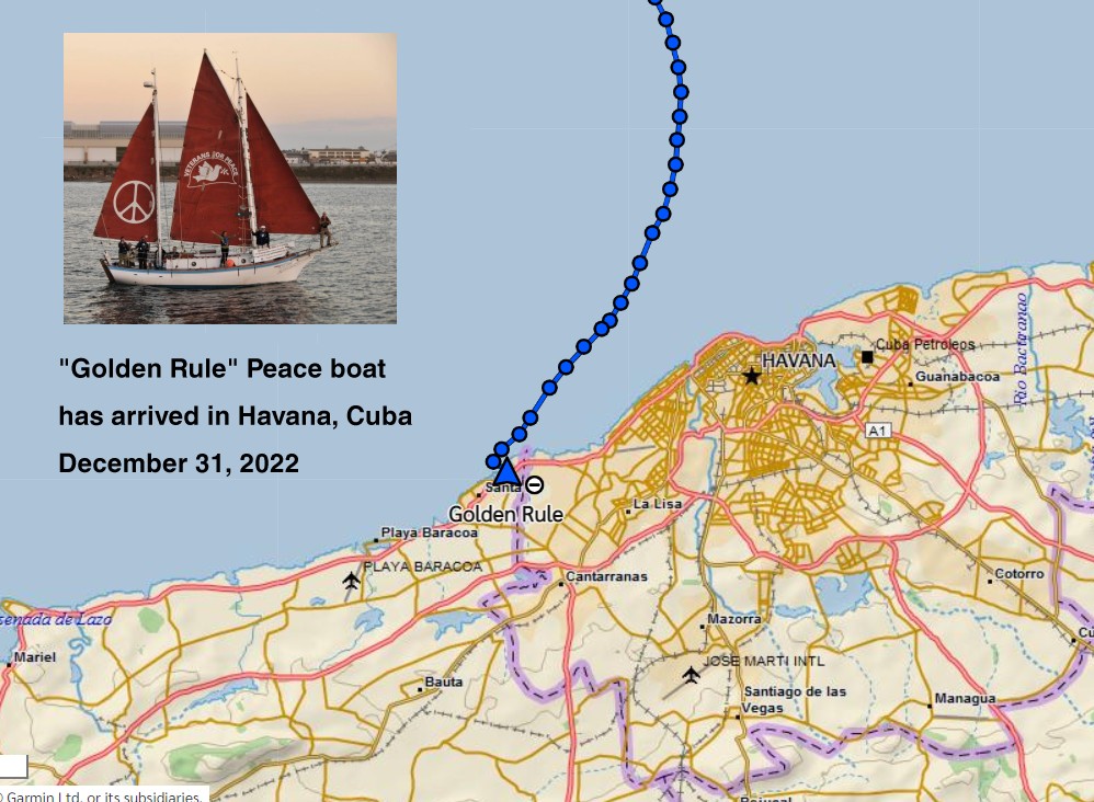 Picture of GPS tracking map showing the arrival of the peace boat Golden Rule on its voyage from Key West, Florida